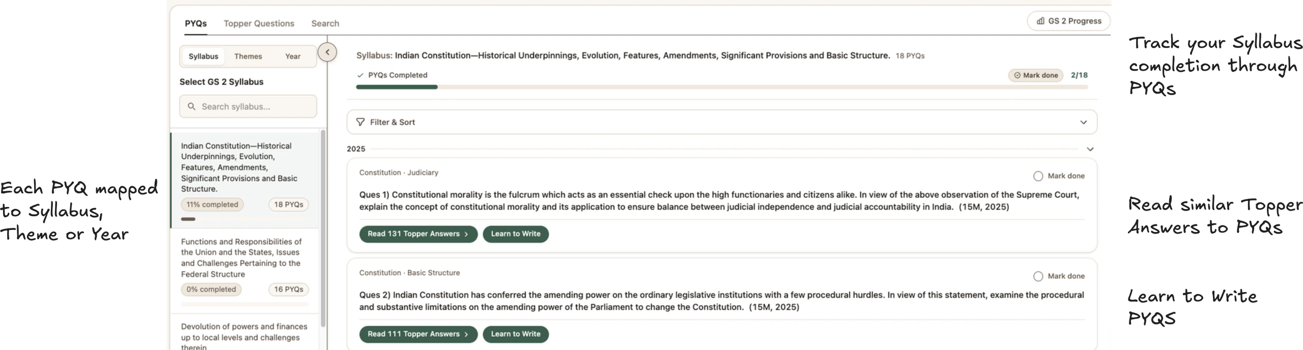 UPSC Path: every GS 2 PYQ mapped to its syllabus topic, with topper answers and Learn to Write on each question